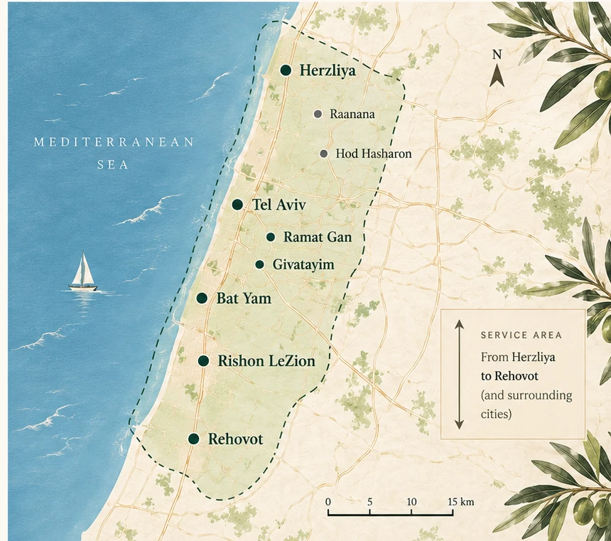 Illustrative service-area map from Herzliya to Rehovot, featuring Raanana, Tel Aviv, Ramat Gan, Givatayim, Bat Yam and Rishon LeZion